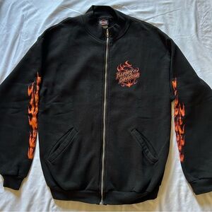Vintage Harley-Davidson Black Bomber Jacket with Fiery Orange Accents